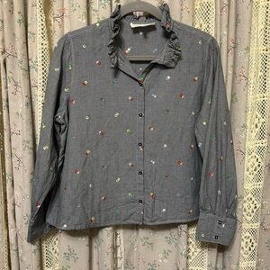 THE GREAT. Charcoal Button Down with Floral Embroidery EUC